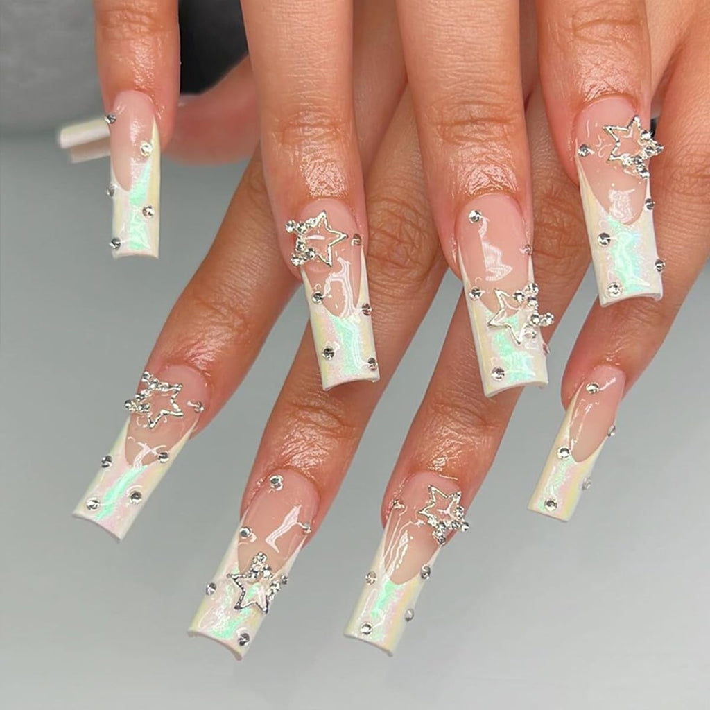 French Tip Nails with Rhinestones