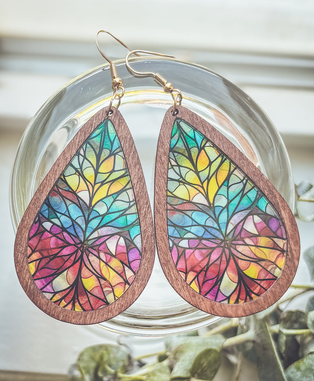Wood and Stained Glass Effect Earrings