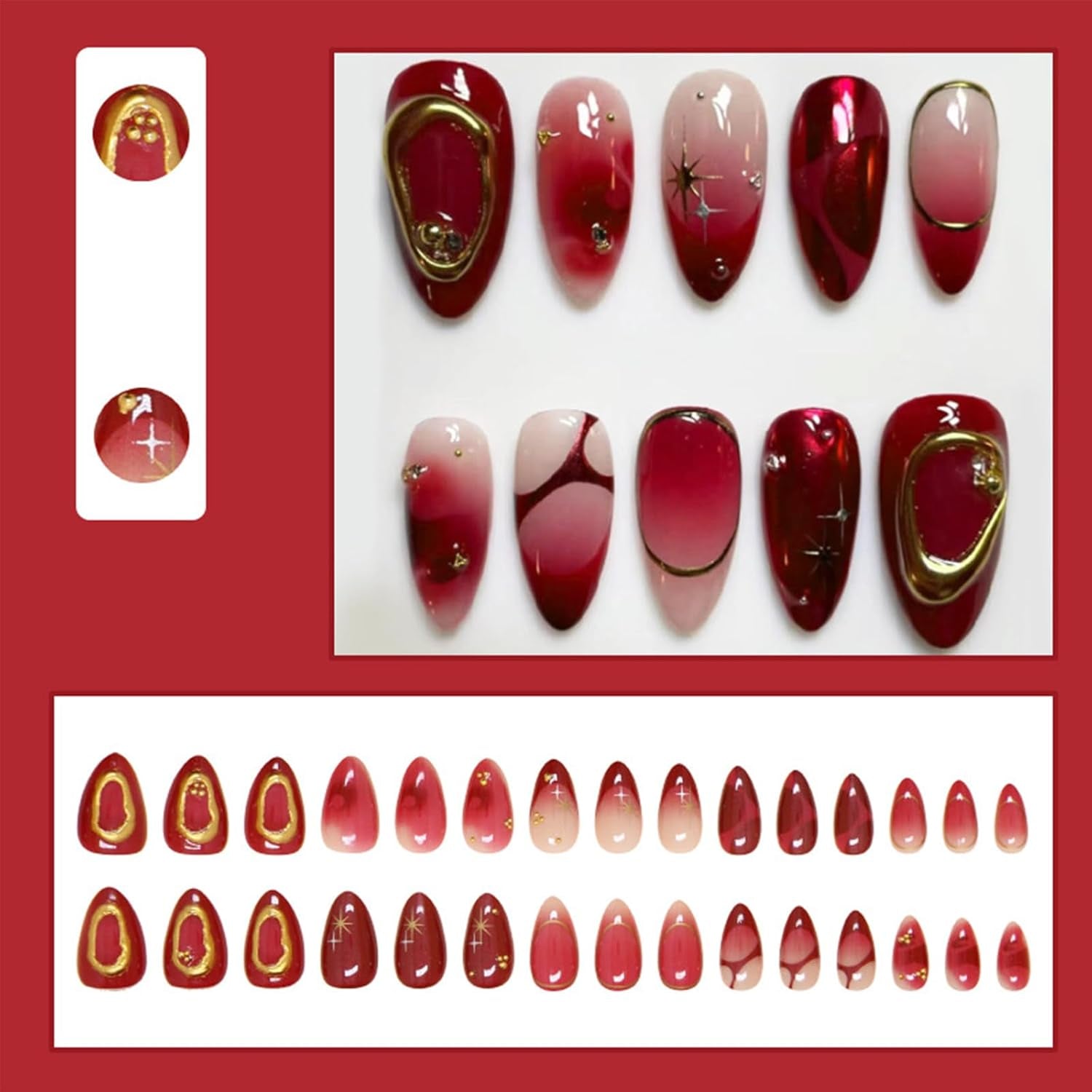 24Pcs Red Press on Nails Medium