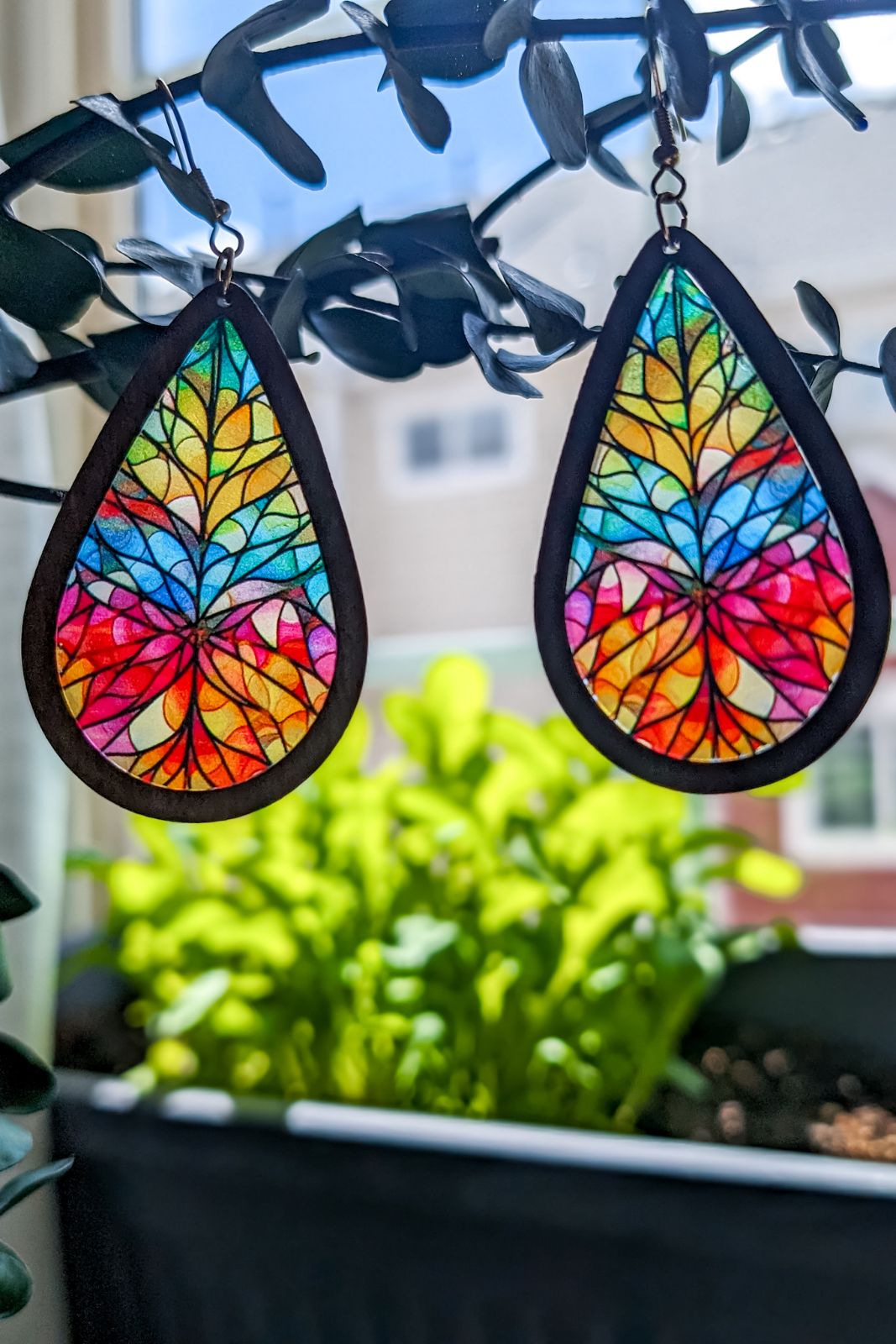 Wood and Stained Glass Effect Earrings