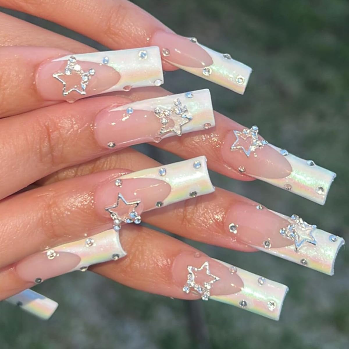 French Tip Nails with Rhinestones