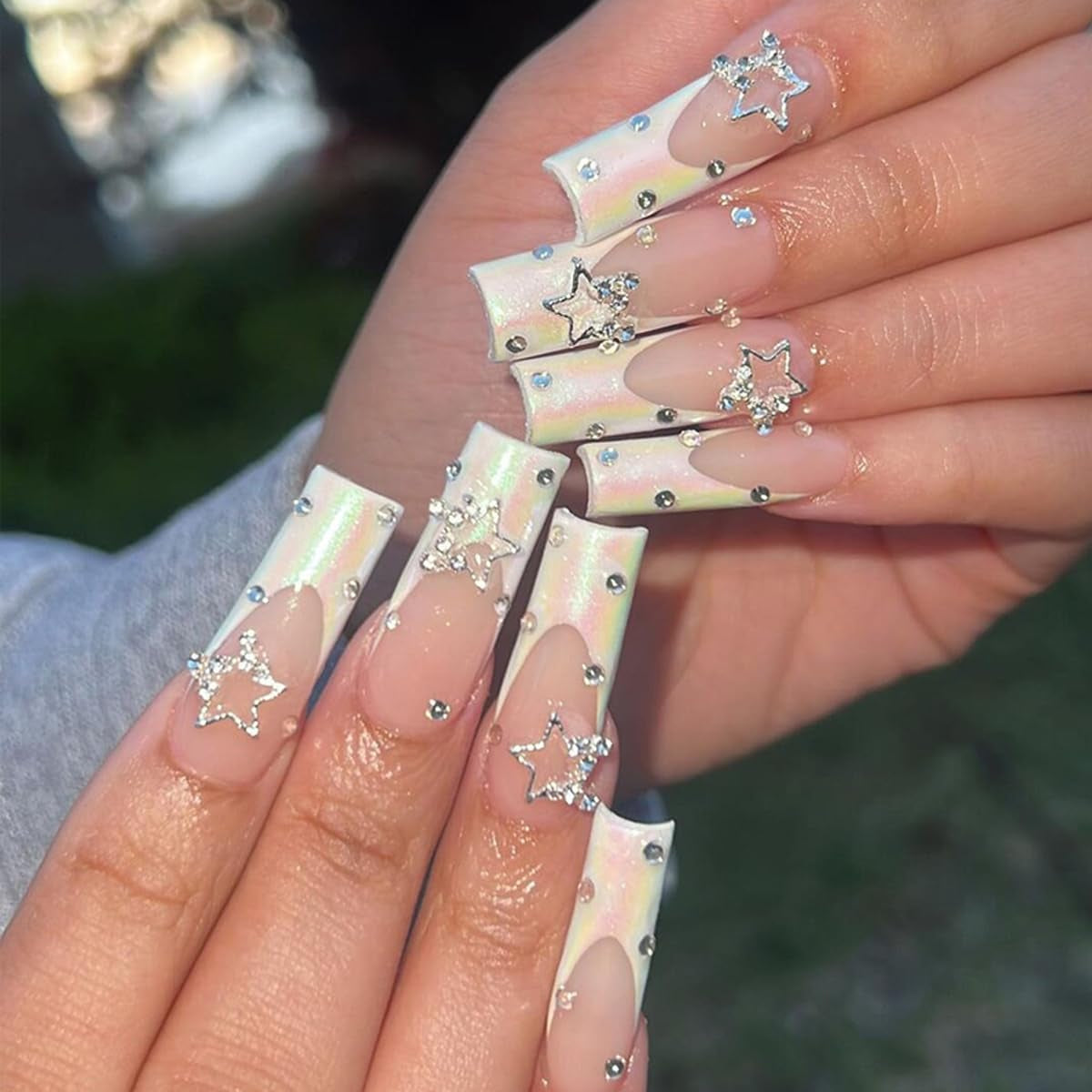 French Tip Nails with Rhinestones